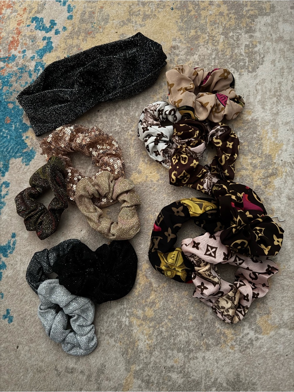 13 Assorted Women's Scrunchie Set - Metallic and Patterned Hair Accessories